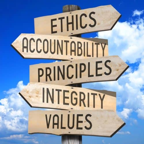 Wooden,Signpost, ,Code,Of,Ethics,Concept,(ethics,,Accountability,,Principles,