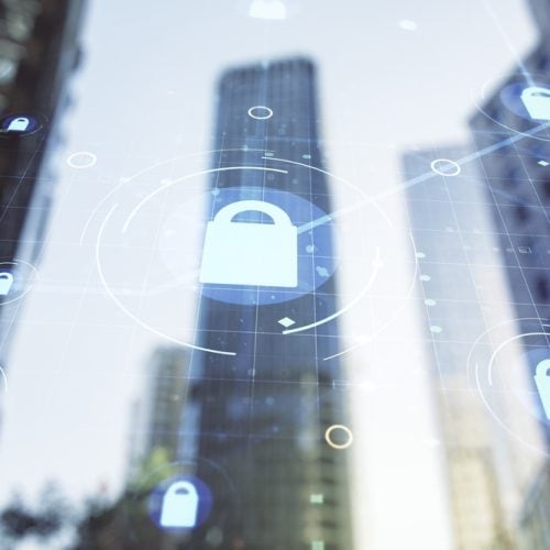 Virtual,Creative,Lock,Symbol,And,Microcircuit,Illustration,On,Office,Buildings