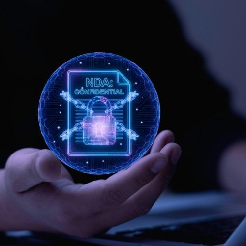 Businessman,Holding,Virtual,Nda,Document,With,Digital,Lock.,Concept,Of