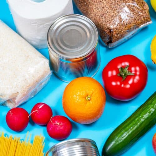 Products,On,A,Blue,Background,,Top,View.,Vegetables,,Pasta,,Canned