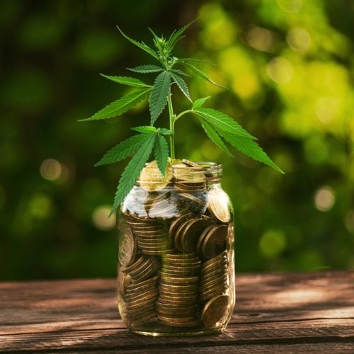 Close,Up,Leaf,Green,Fresh,Of,Marijuana,Tree,On,Coin